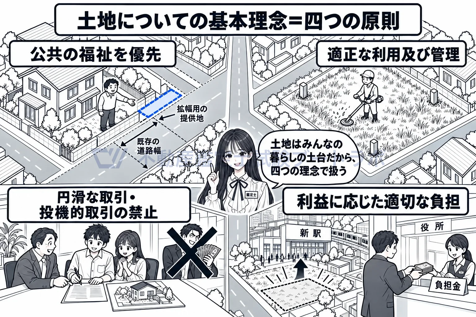 土地についての基本理念の図解:土地は暮らしの土台だから、四つの理念で扱う。