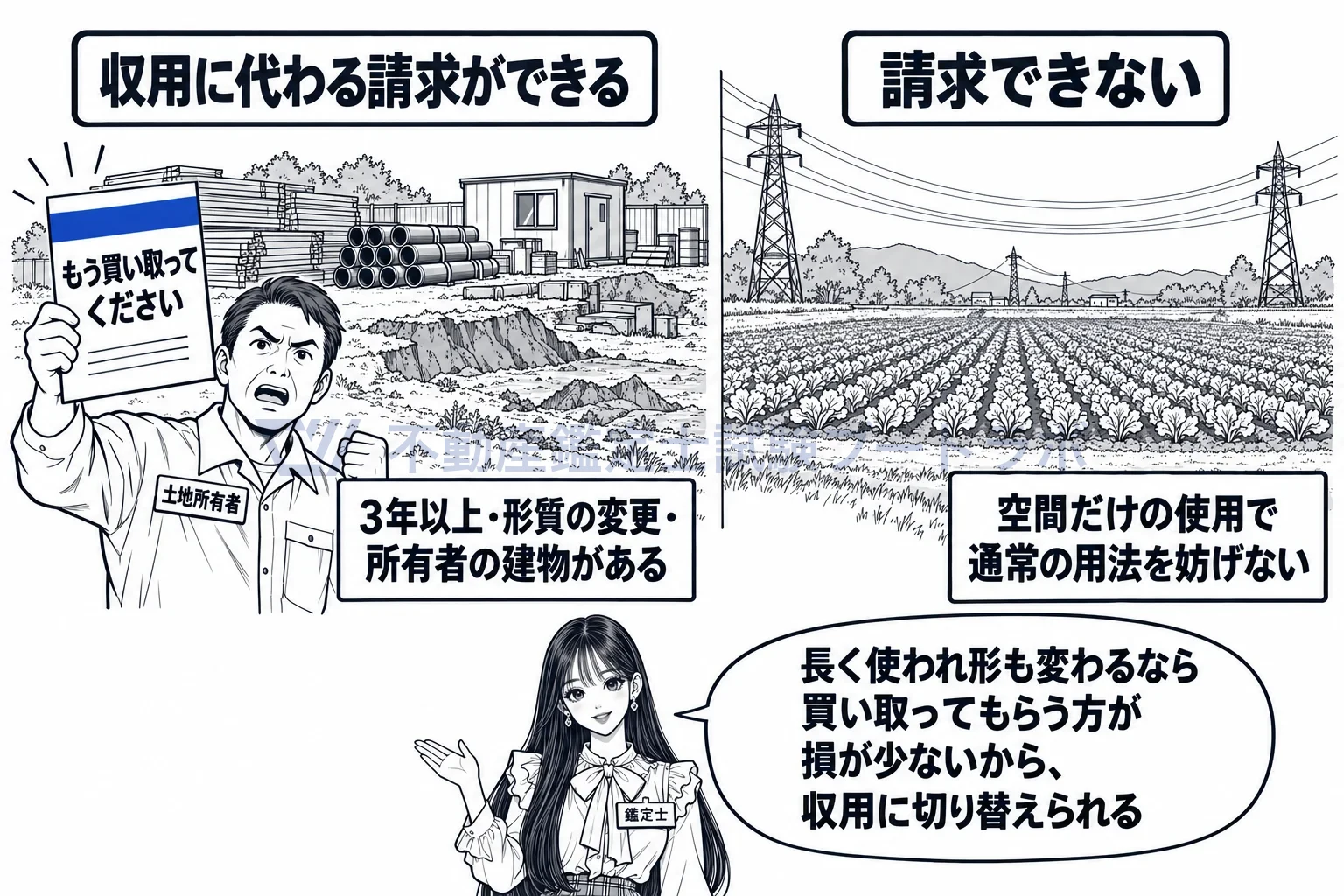土地の使用の図解：長く使われ形も変わるなら収用に切り替えられる。空間だけなら請求できない。