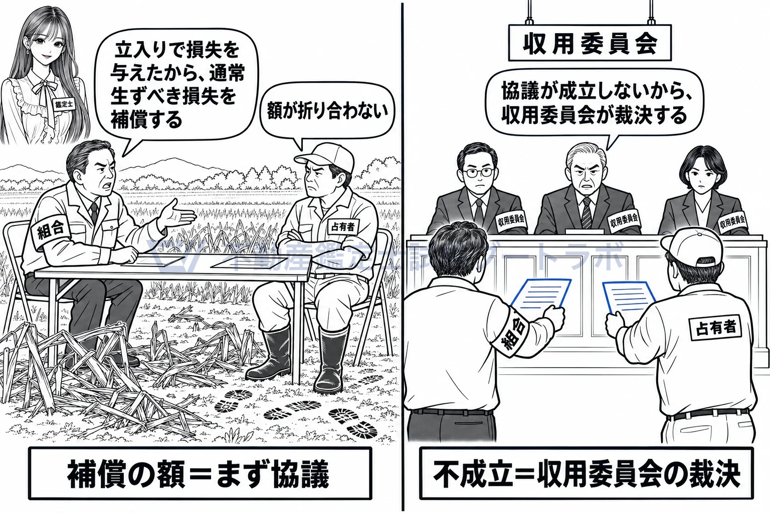土地の立入りの図解：補償の額は協議で、まとまらなければ収用委員会へ。
