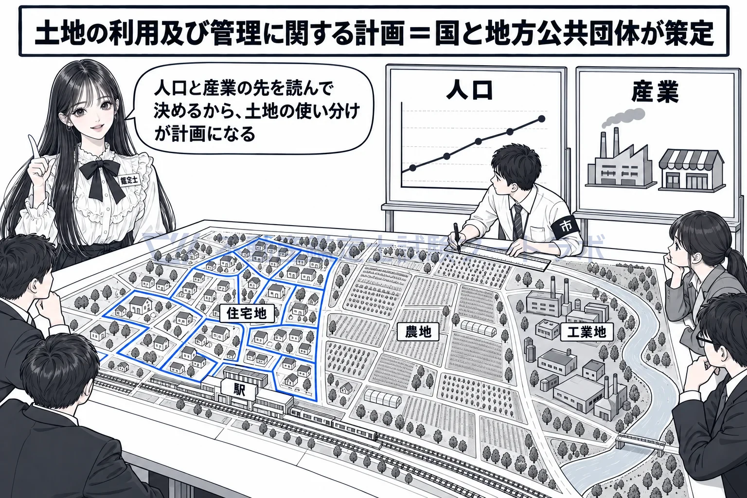 土地利用計画の図解：人口と産業の先を読んで、土地の使い分けを決める。