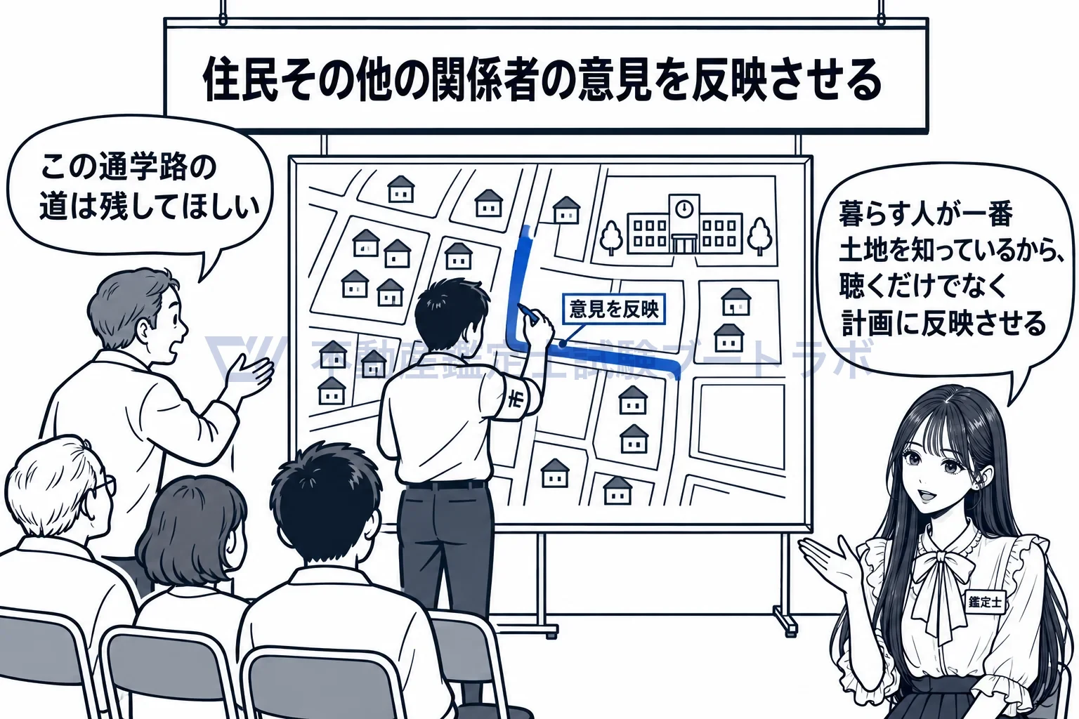 土地利用計画の図解：住民の声を聴くだけでなく、計画の線を書き直す。