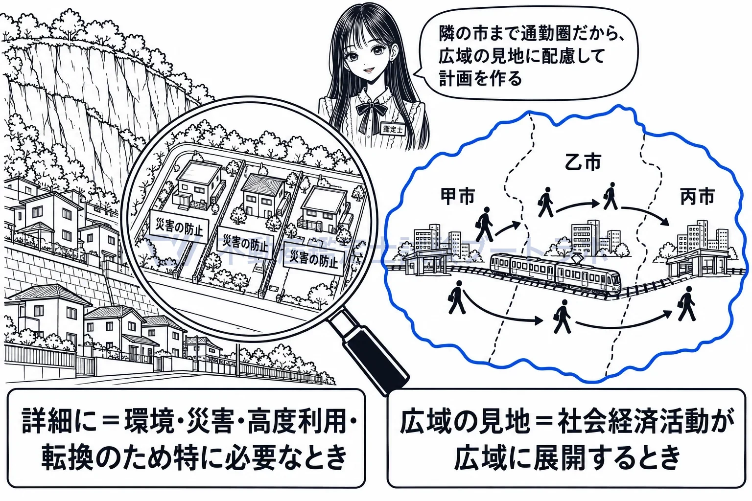 土地利用計画の図解：細かく見るときと、隣の市まで広く見るとき。