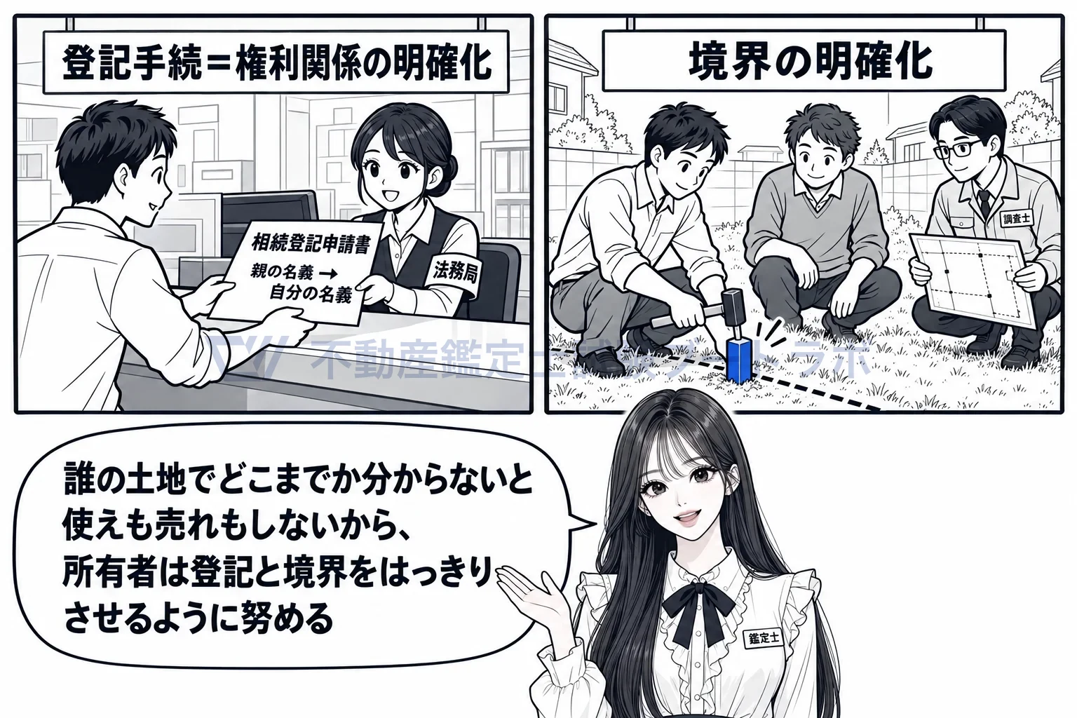 土地所有者等の図解：相続登記と境界の杭は、所有者が努める。