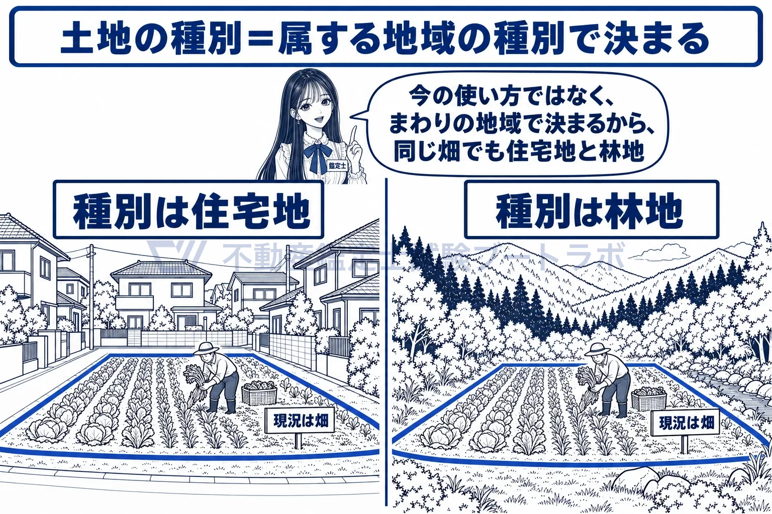 土地の種別の図解：同じ畑でも、住宅街の中なら住宅地、山の中なら林地。