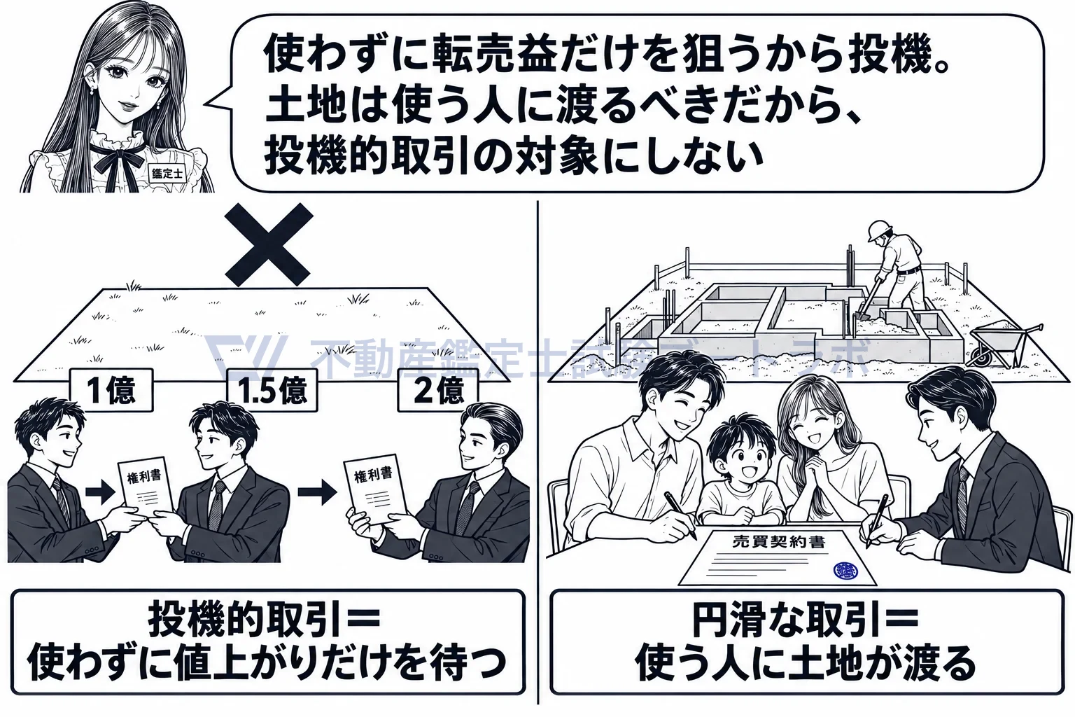 投機的取引の図解:使わずに転売だけを繰り返すのが投機。土地は使う人に渡す。