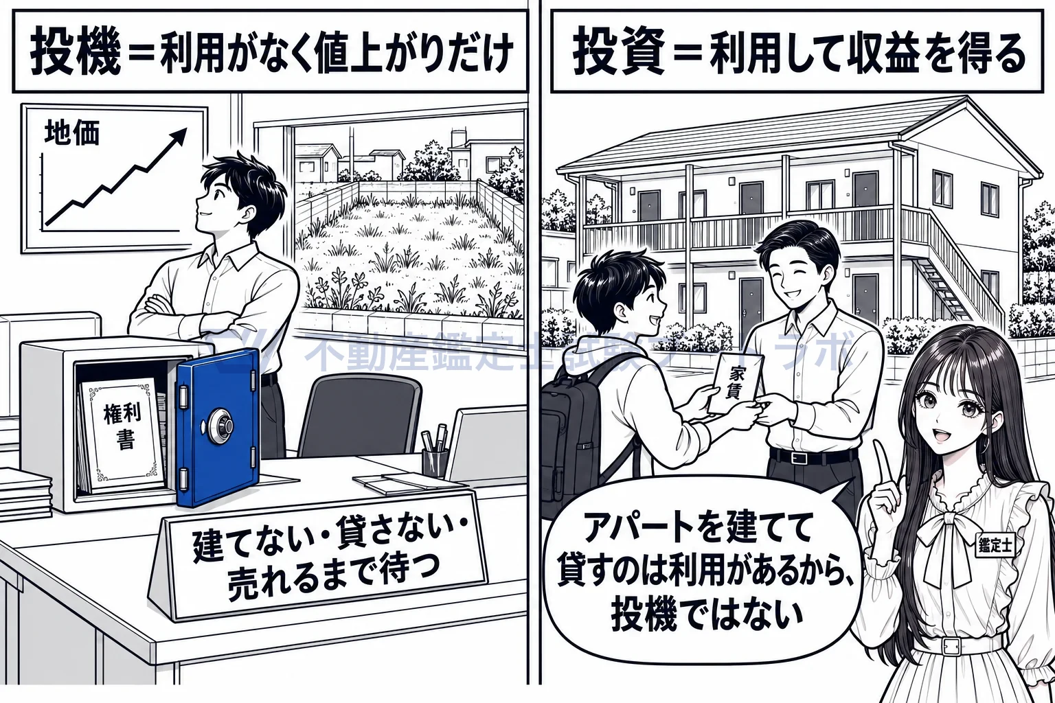 投機的取引の図解:同じ土地でも、使わずに値上がりを待てば投機、建てて貸せば投資。