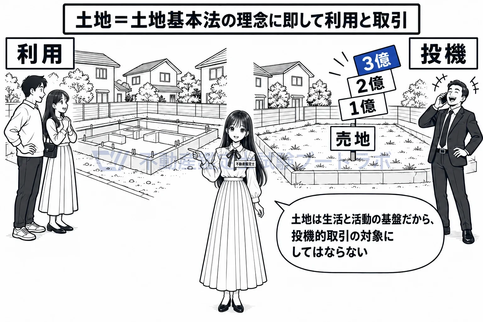 投機的取引の図解：土地は生活と活動の基盤だから、値段だけを転がす取引の対象にしない。
