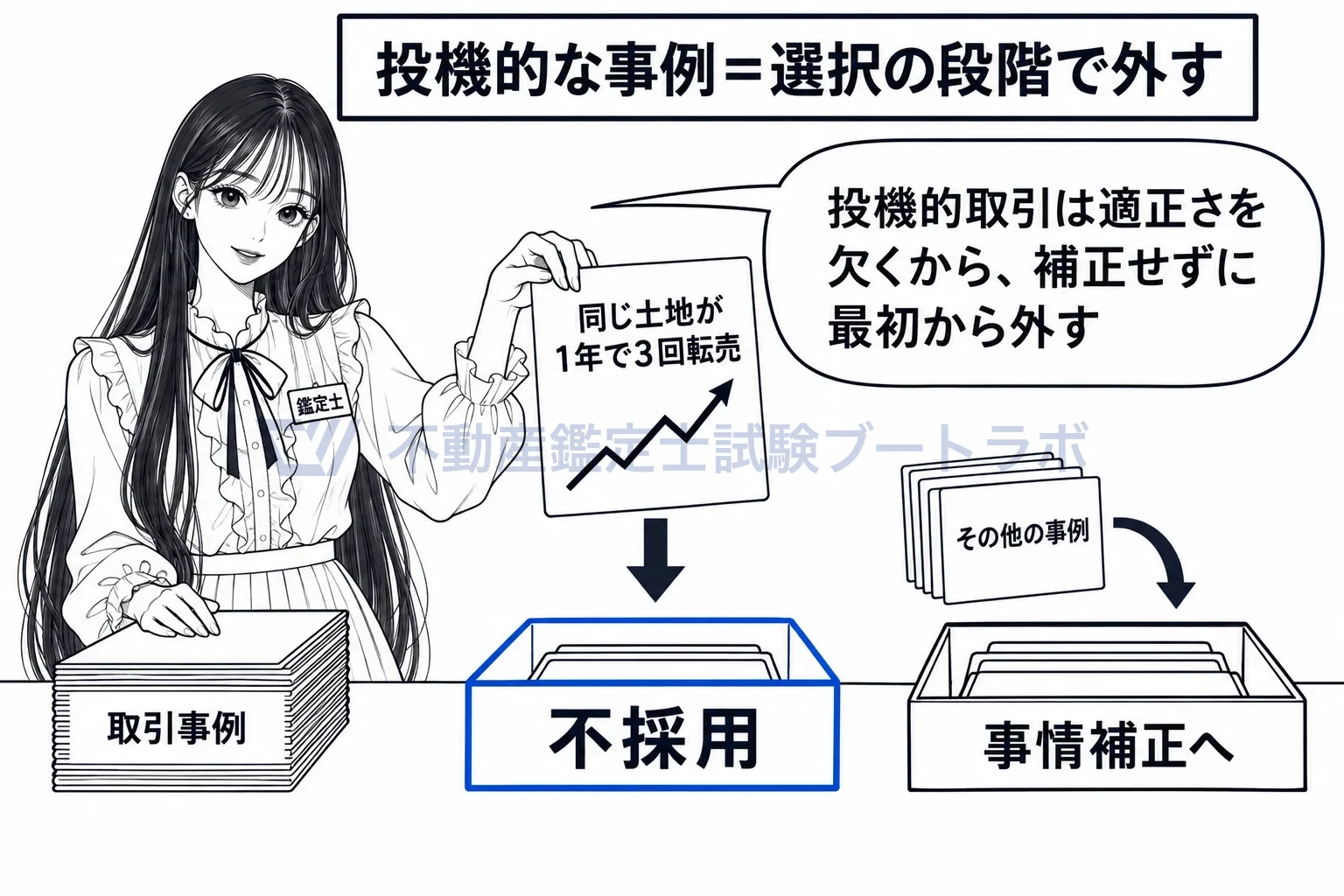 投機的取引の図解：投機と分かる事例は、補正して使わず選択の段階で外す。
