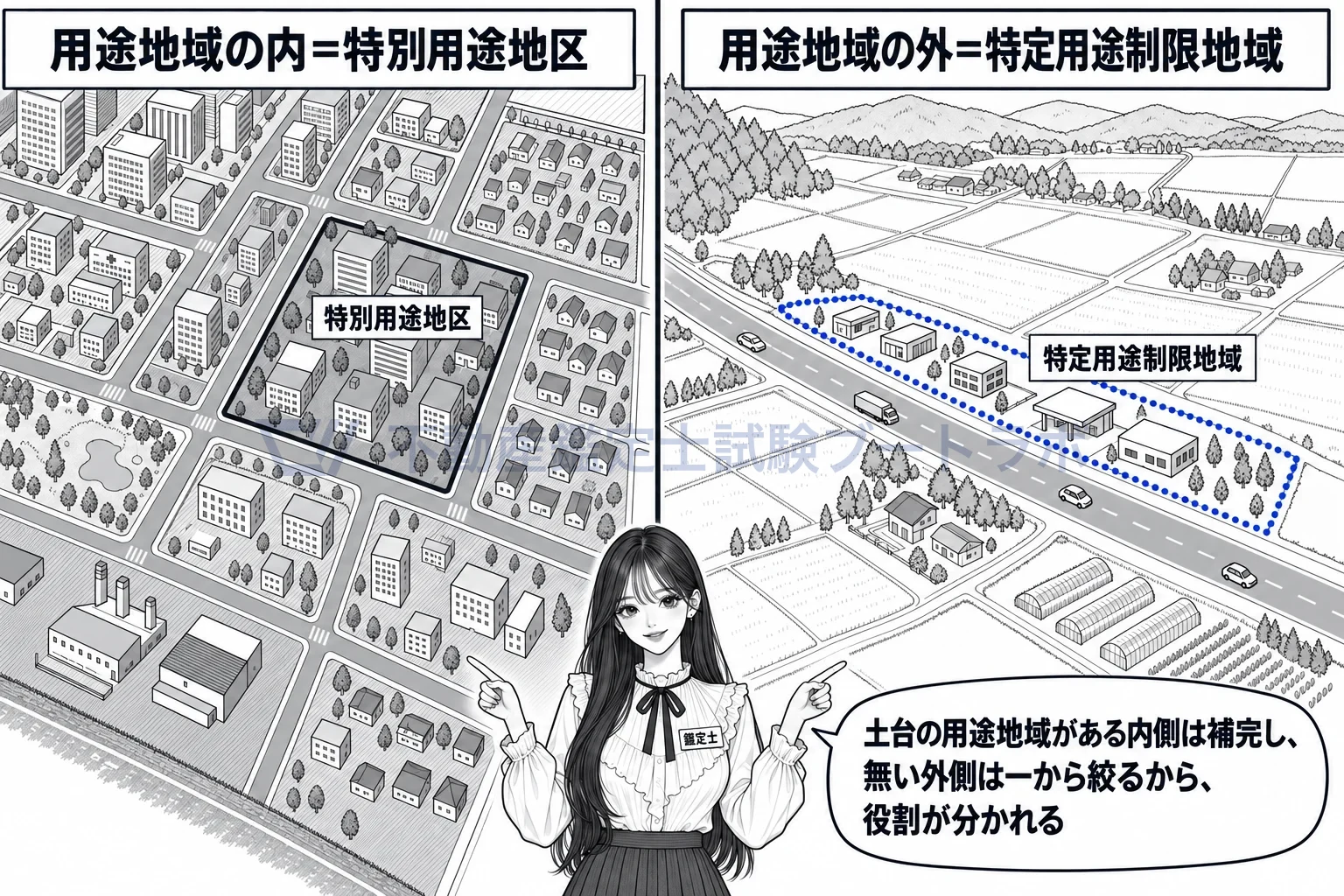 特別用途地区の図解：用途地域の内は特別用途地区、外は特定用途制限地域。