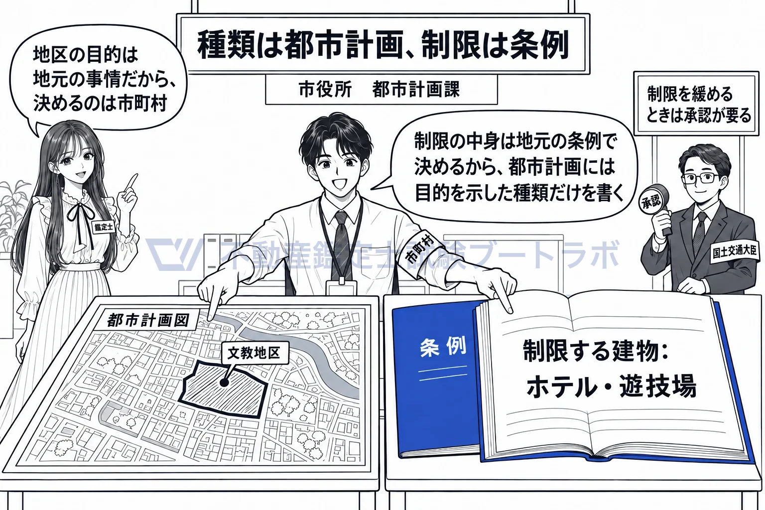 特別用途地区の図解：目的と種類は都市計画に、制限の中身は条例に。