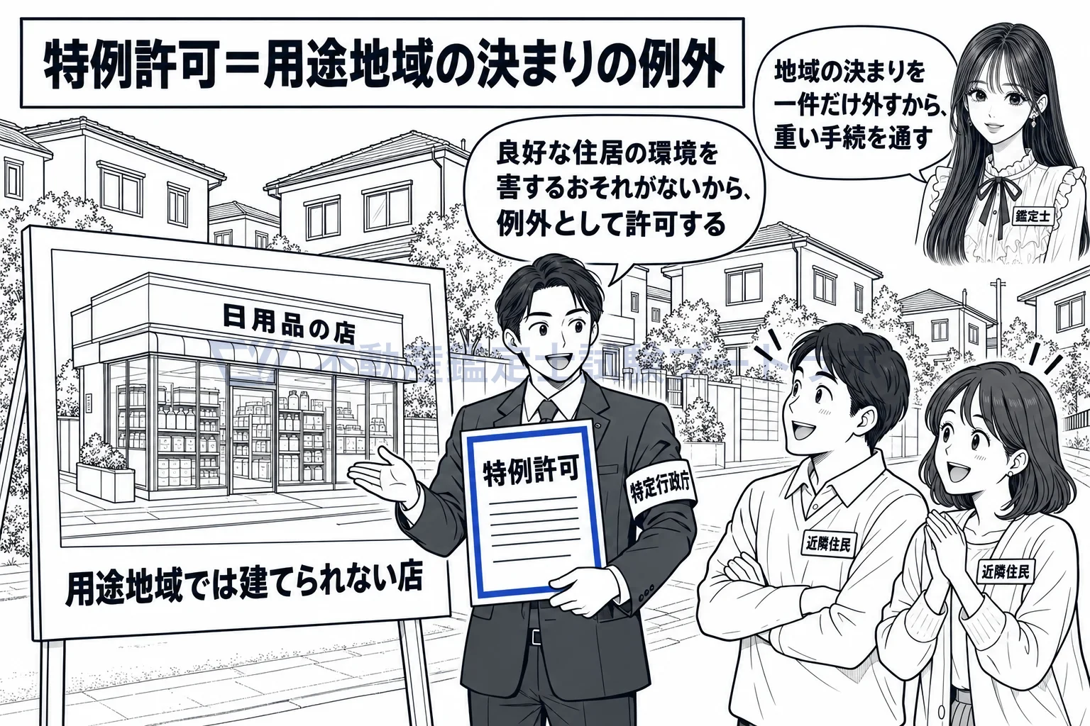 特例許可の図解：住宅街に建てられない店でも、環境を害するおそれがなければ例外として許可できる。