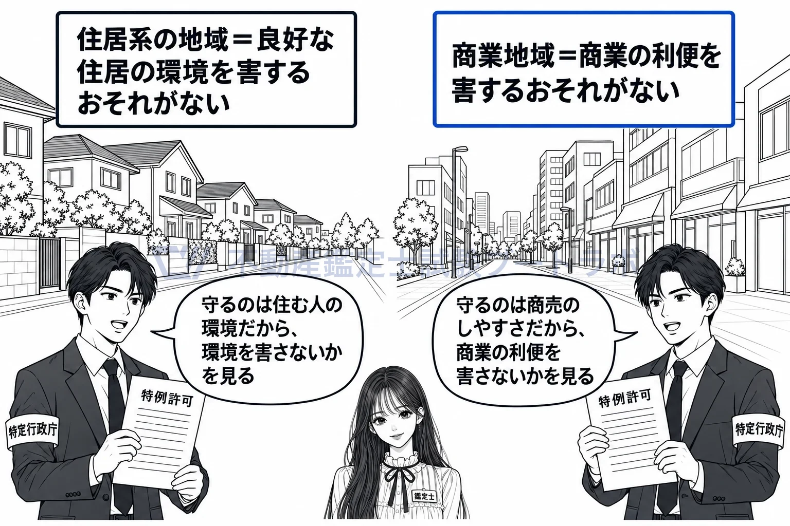 特例許可の図解：住居系の地域は住居の環境、商業地域は商業の利便を見て許可する。