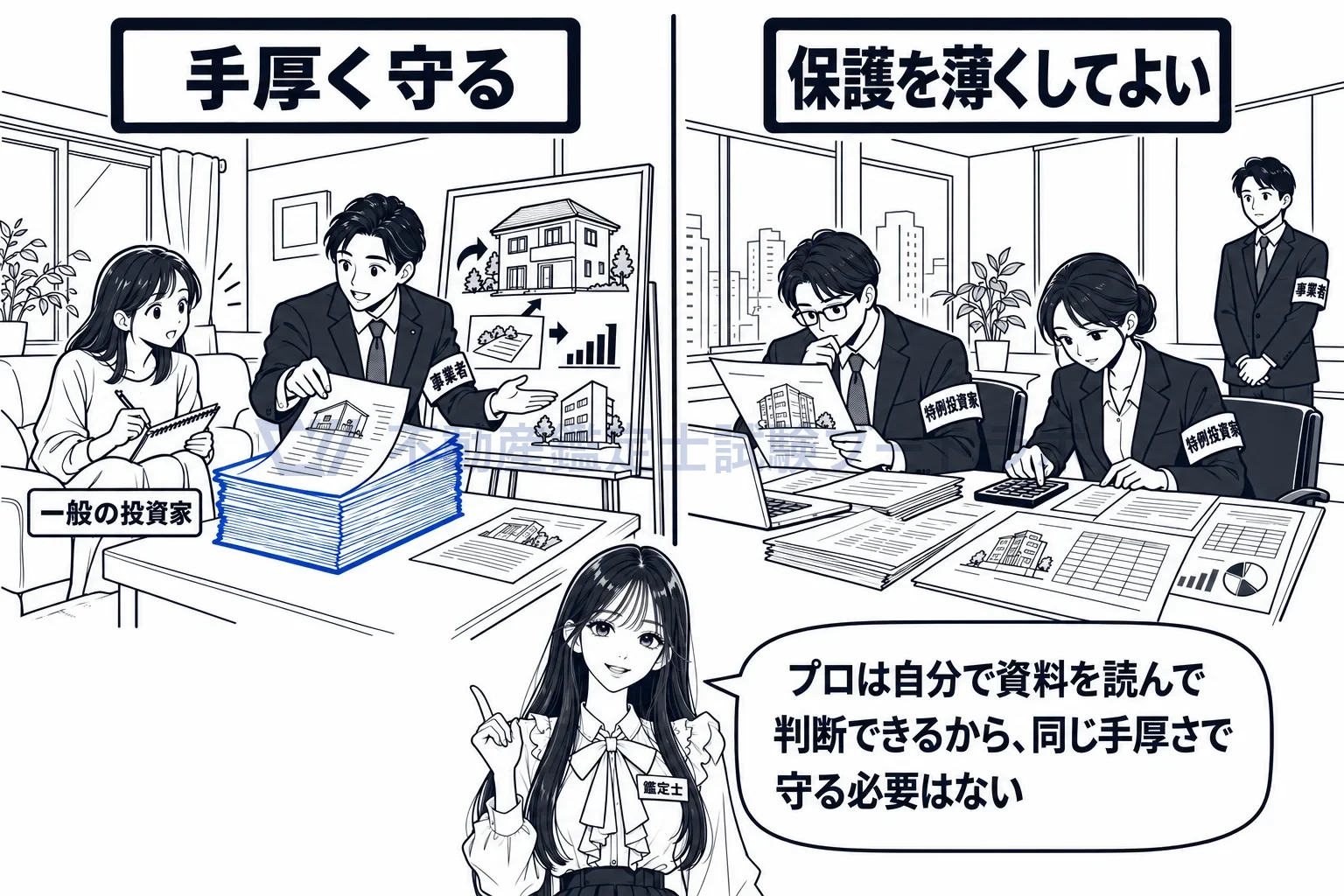 特例投資家の図解:一般の投資家には厚い書面で丁寧に、プロは自分で資料を読んで判断する。