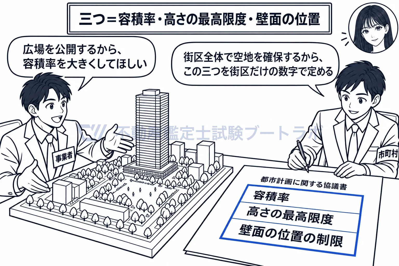 特定街区の図解:広場を公開する見返りに、街区だけの容積率・高さの最高限度・壁面の位置を定める。