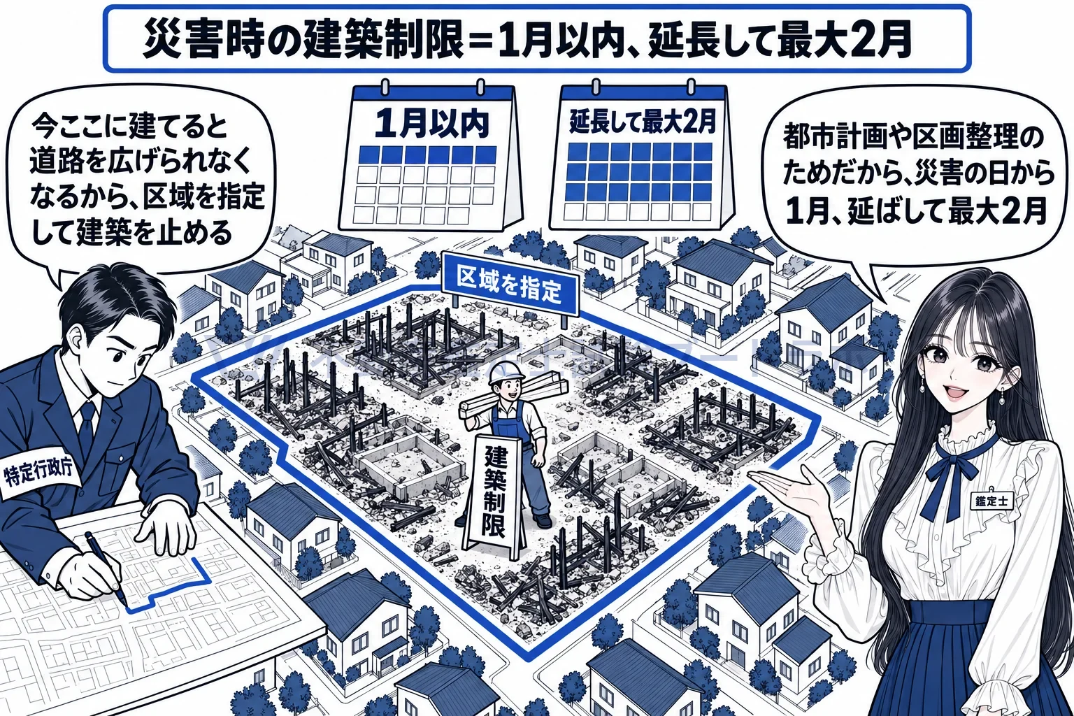 特定行政庁の図解：被災した市街地に区域を指定し、1月、延長して最大2月だけ建築を止める。