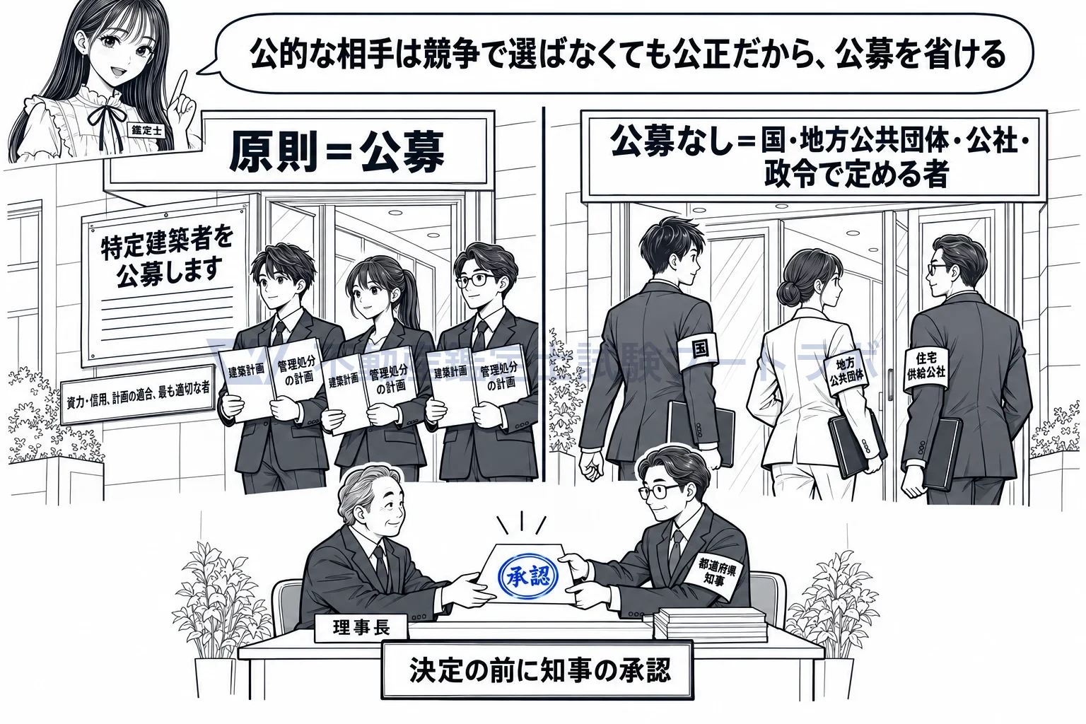 特定建築者の図解：原則は公募。国や地方公共団体などは公募なしで選べる。
