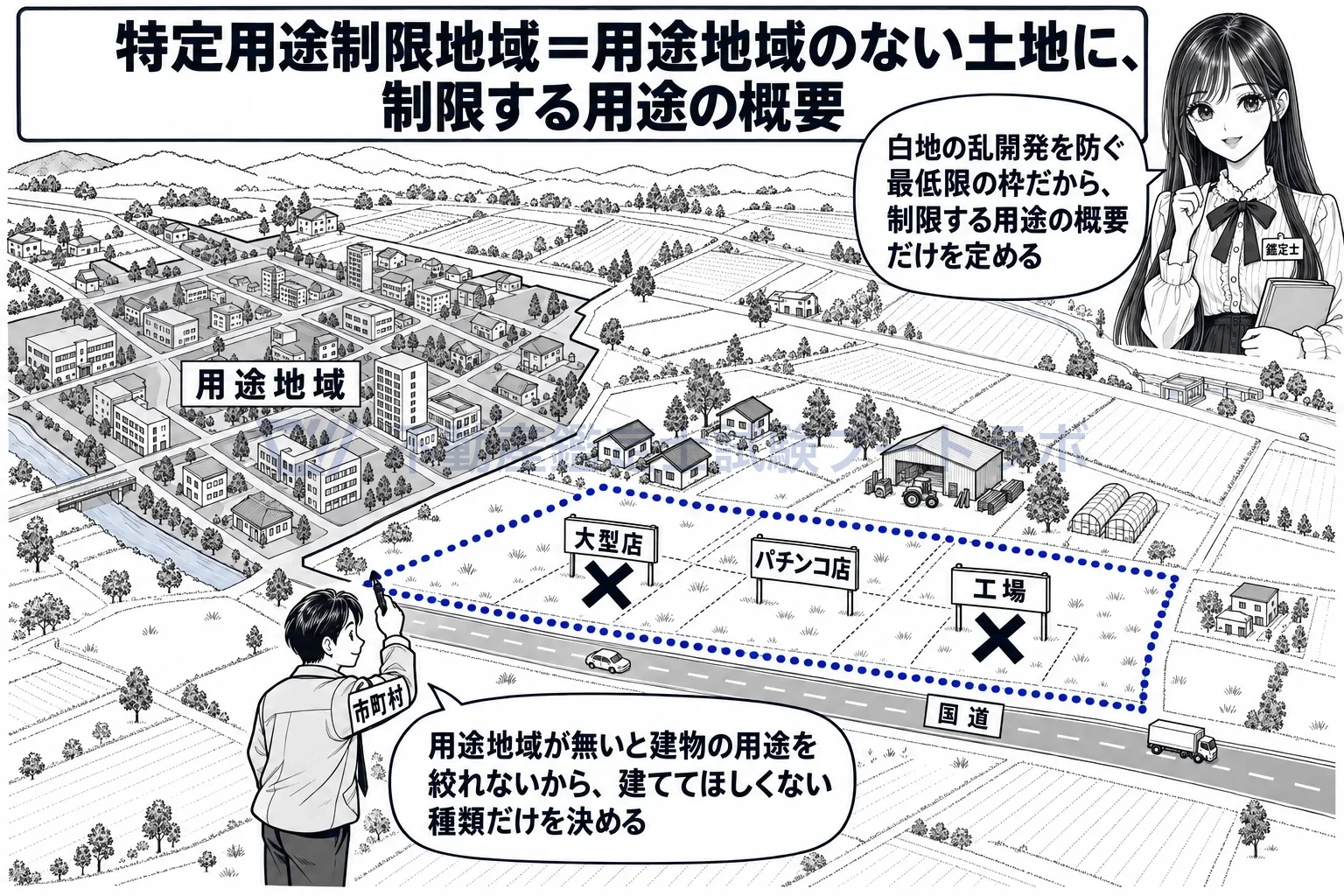 特定用途制限地域の図解：用途地域のない白地に、建ててほしくない建物だけを絞る。