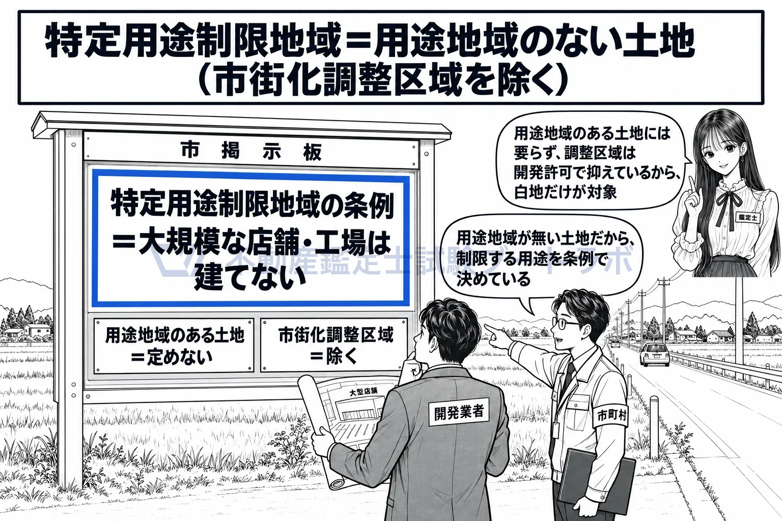 特定用途制限地域の図解：用途地域のない準都市計画区域の国道沿いで、条例の掲示が建物の用途を絞る。