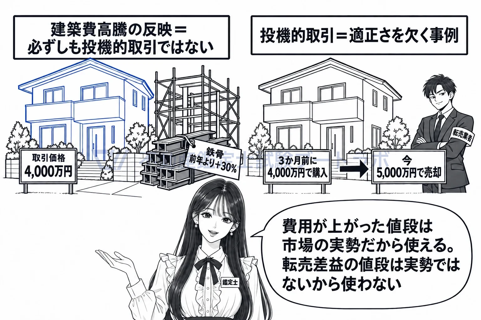 取引事例等の図解:建築費が上がって高い値段は市場の実勢。転売差益の値段は適正さを欠く。