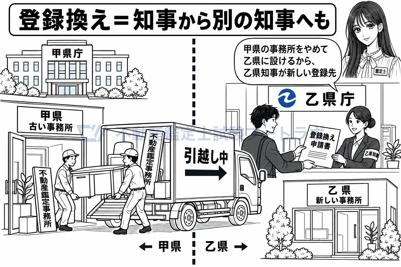 登録換えの図解：事務所ごと隣の県へ移れば、移転先の知事に登録換え。