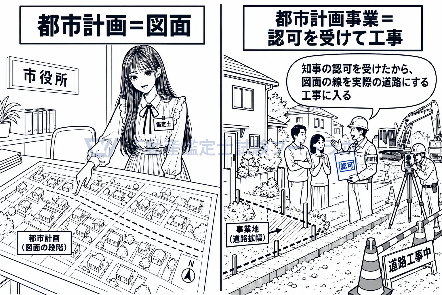 都市計画事業の図解：計画に描いた道路を、認可を受けて実際に工事する段階が都市計画事業。