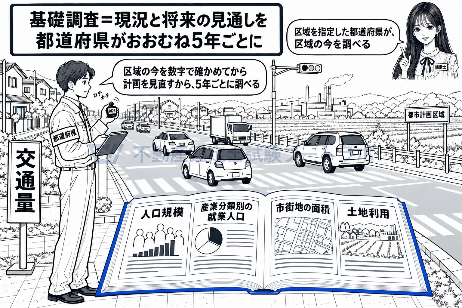 都市計画に関する基礎調査の図解:街の人口、産業、土地利用、交通量を5年ごとに数え直す。