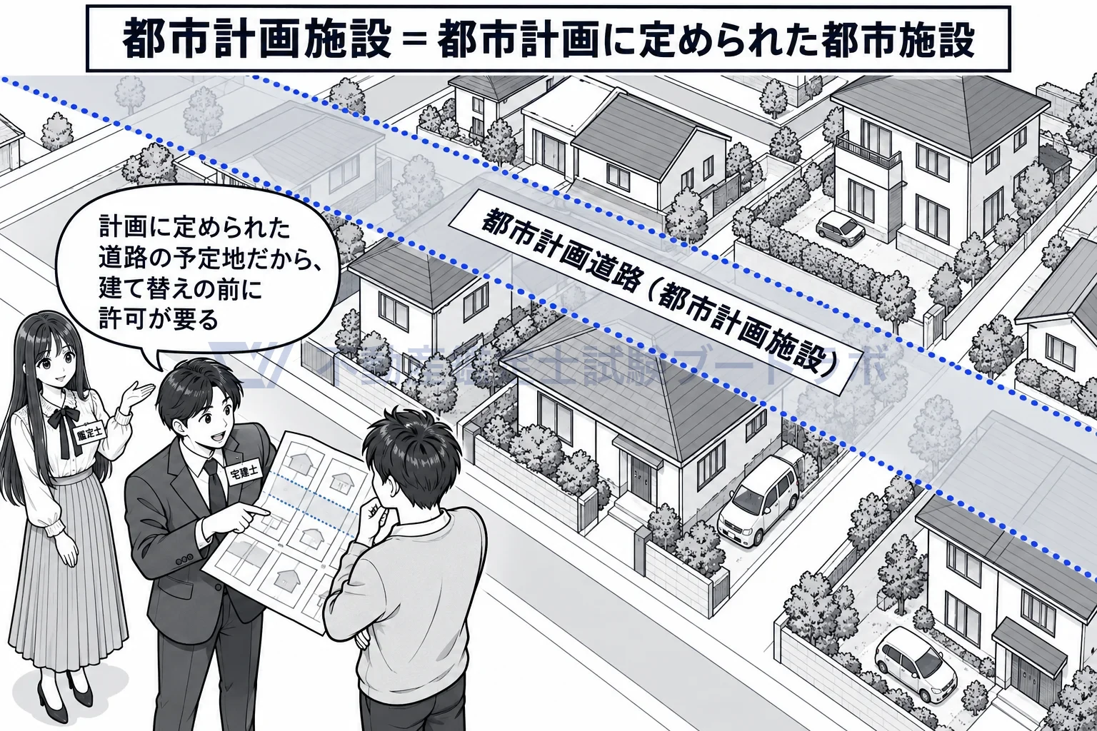 都市計画施設の図解：計画に定められた道路の予定地だから、建てる前に許可が要る。