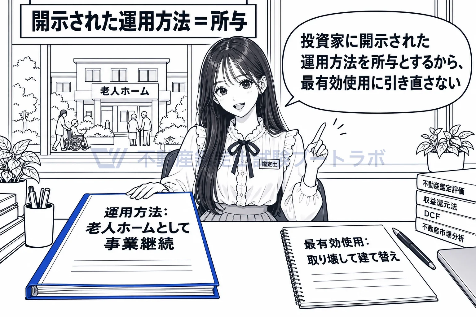 投資採算価値を表す価格の図解:最有効使用が取壊しでも、開示された運用方法が老人ホームなら、そのまま前提にする。