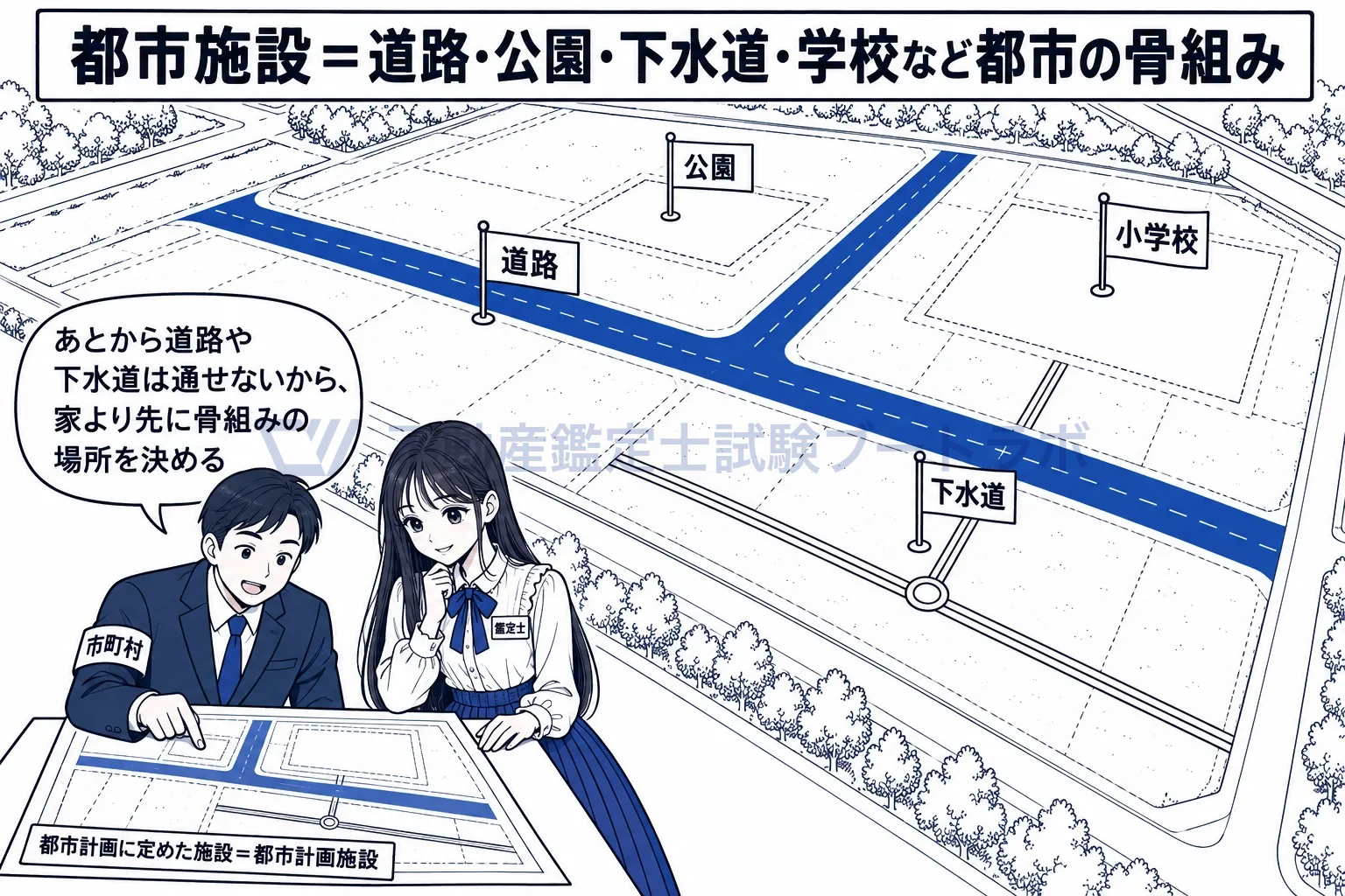 都市施設の図解：都市施設は候補の顔ぶれ、都市計画に載せた施設が都市計画施設。