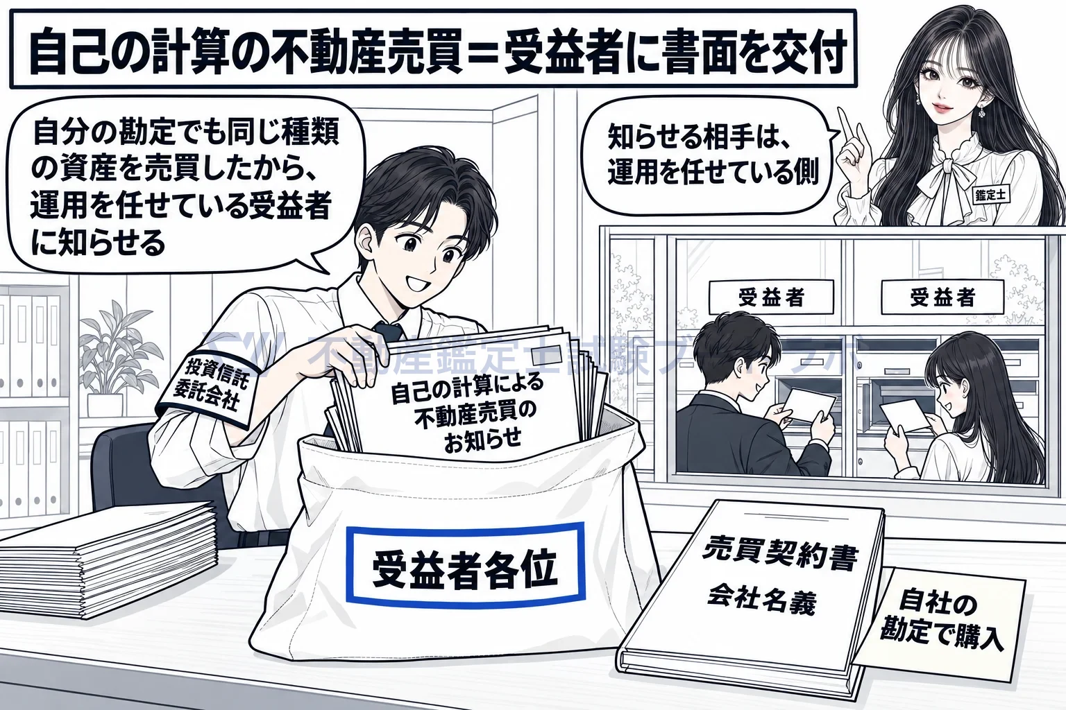 投資信託委託会社の図解:自分の勘定で不動産を売買したら、知らせる相手は受益者。
