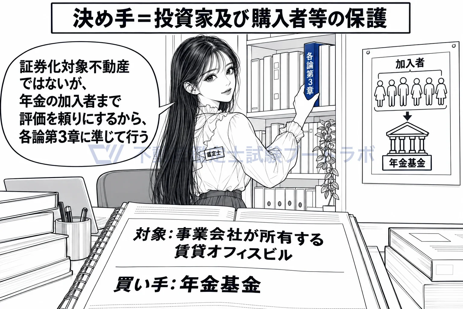 投資用の賃貸大型不動産の図解:決め手は投資家及び購入者等の保護。買い手の年金基金の加入者まで評価を頼りにする。