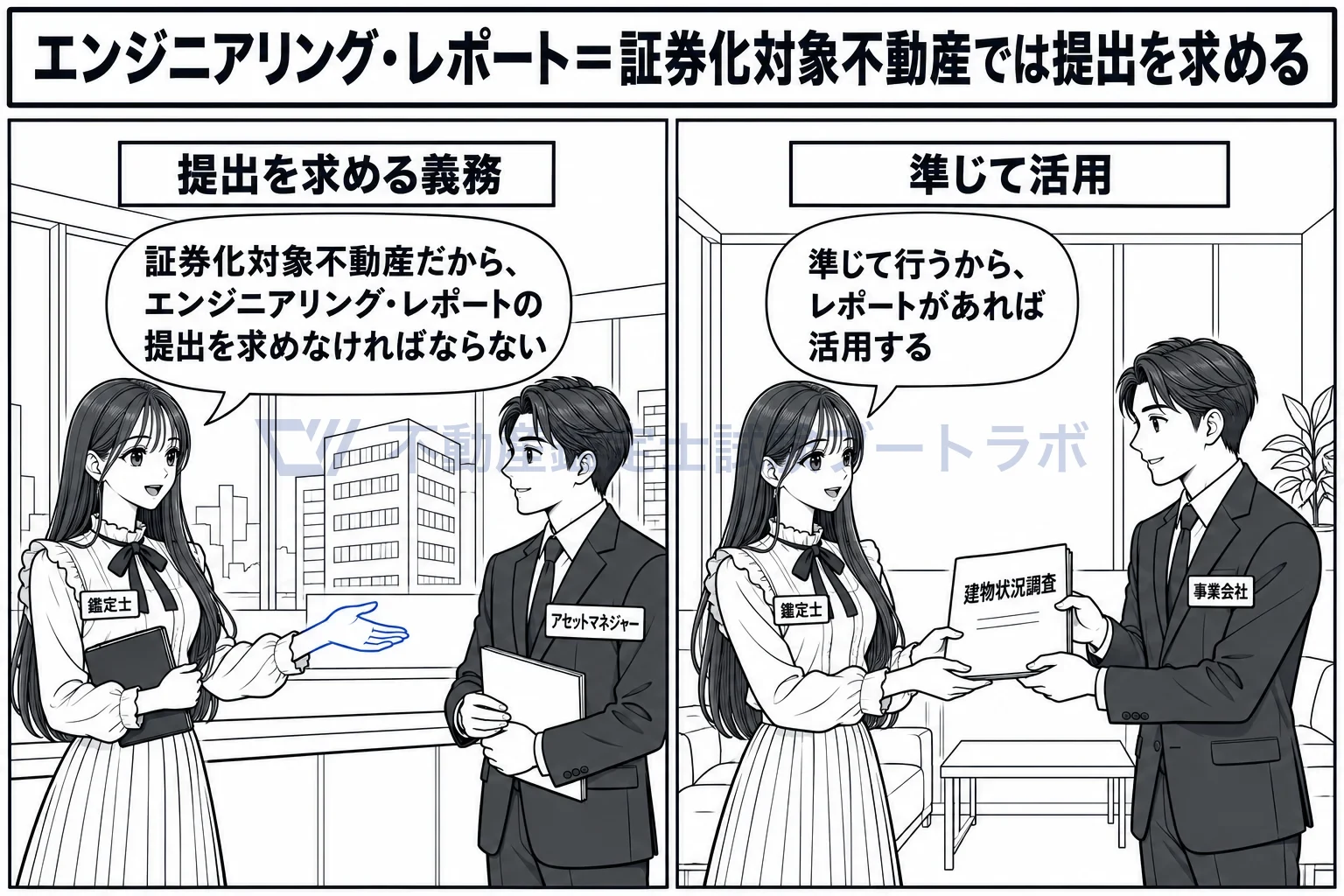 投資用の賃貸大型不動産の図解:提出を求める義務は証券化対象不動産だけ。準じる場面ではレポートを活用し得る。