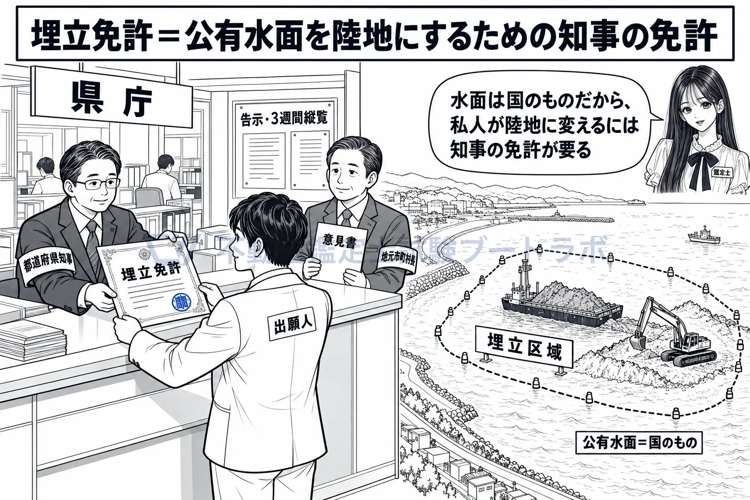 埋立免許の図解：水面は国のものだから、陸地に変えるには知事の免許が要る。