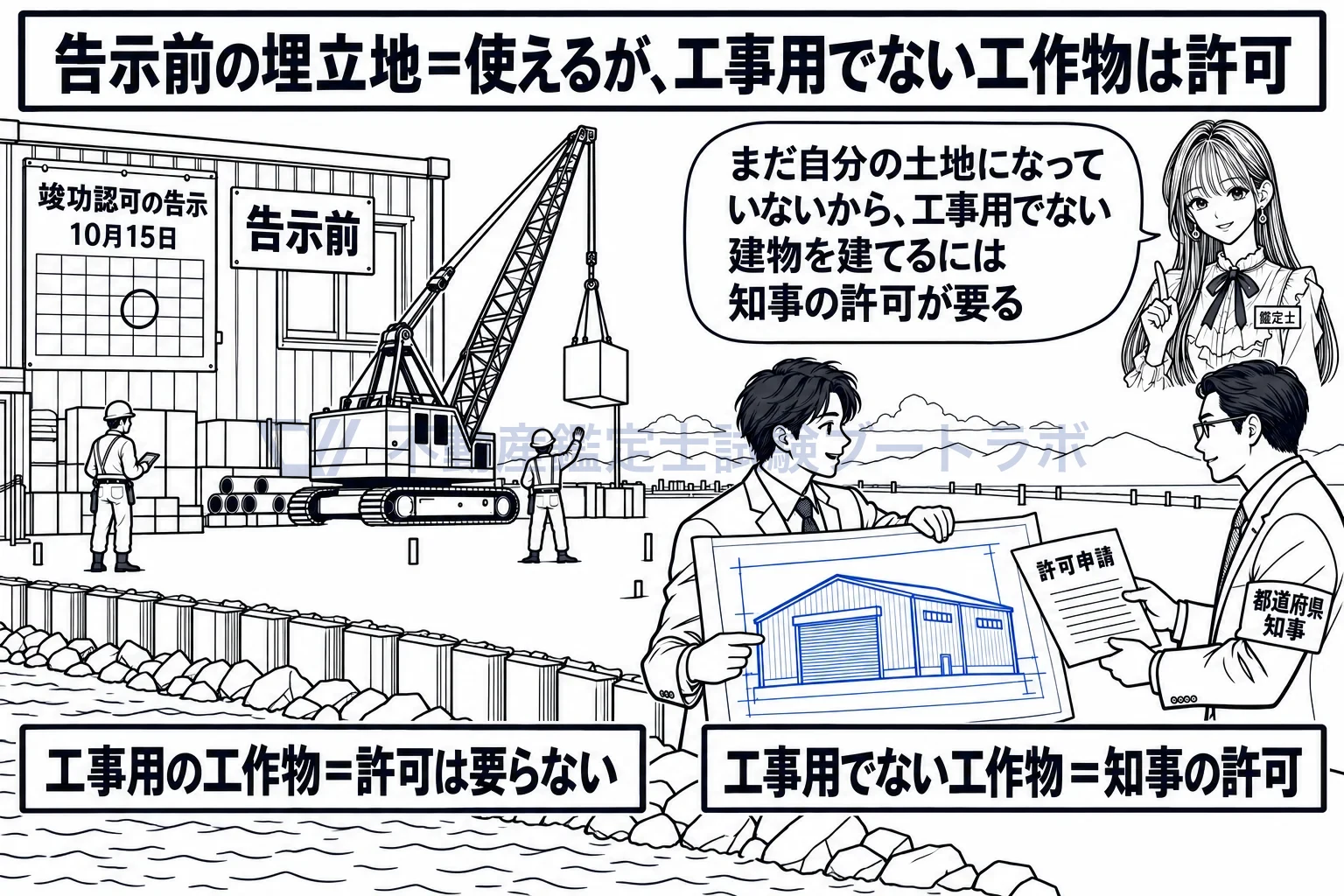 埋立免許の図解：告示前でも埋立地は使える。工事用でない建物を建てるなら許可。
