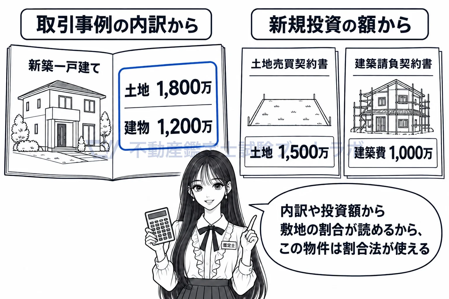 割合法の図解：取引事例の内訳や新規投資の額から、敷地の構成割合を読み取る。