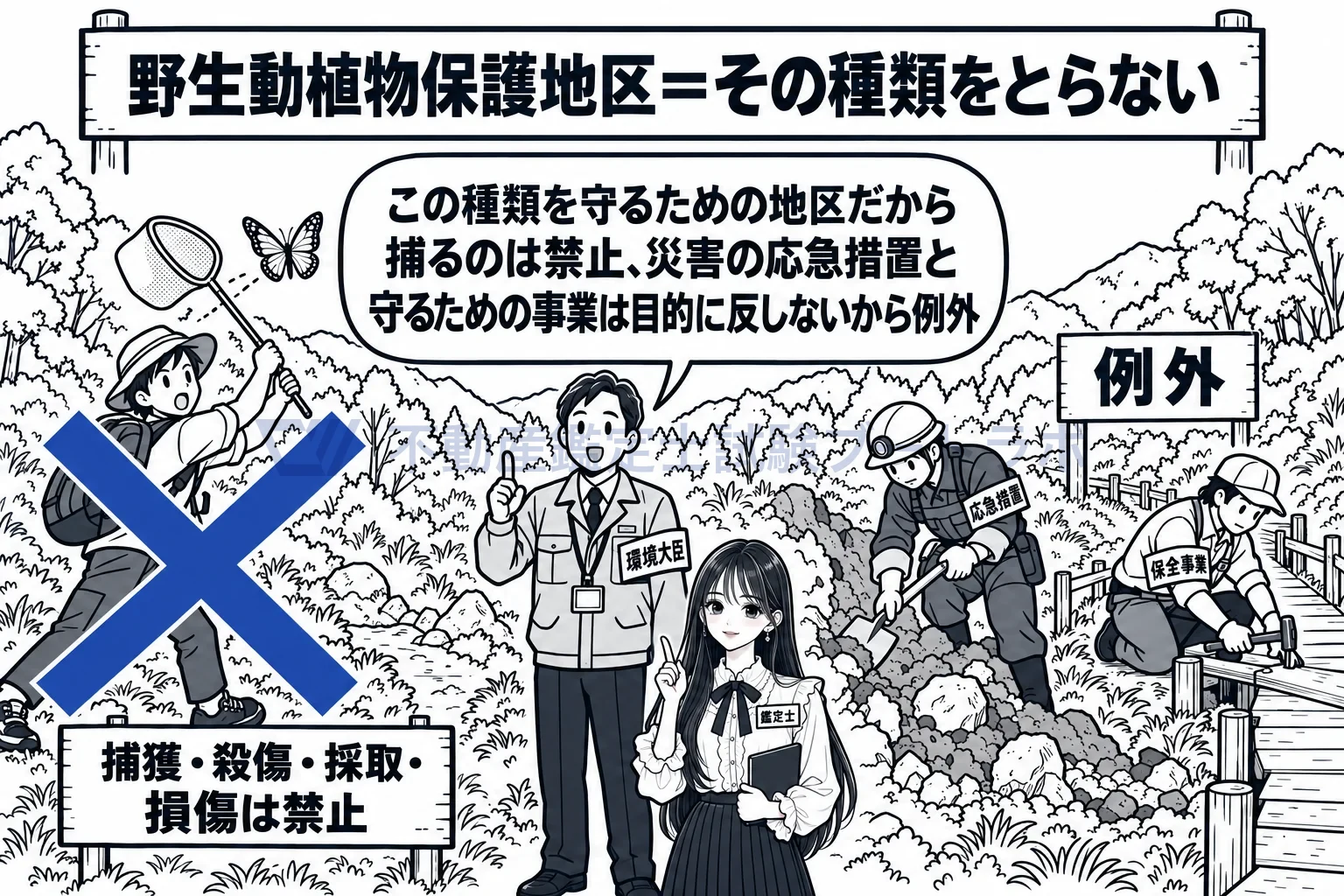 野生動植物保護地区の図解:その種類を捕るのは禁止。応急措置と保全事業は例外。
