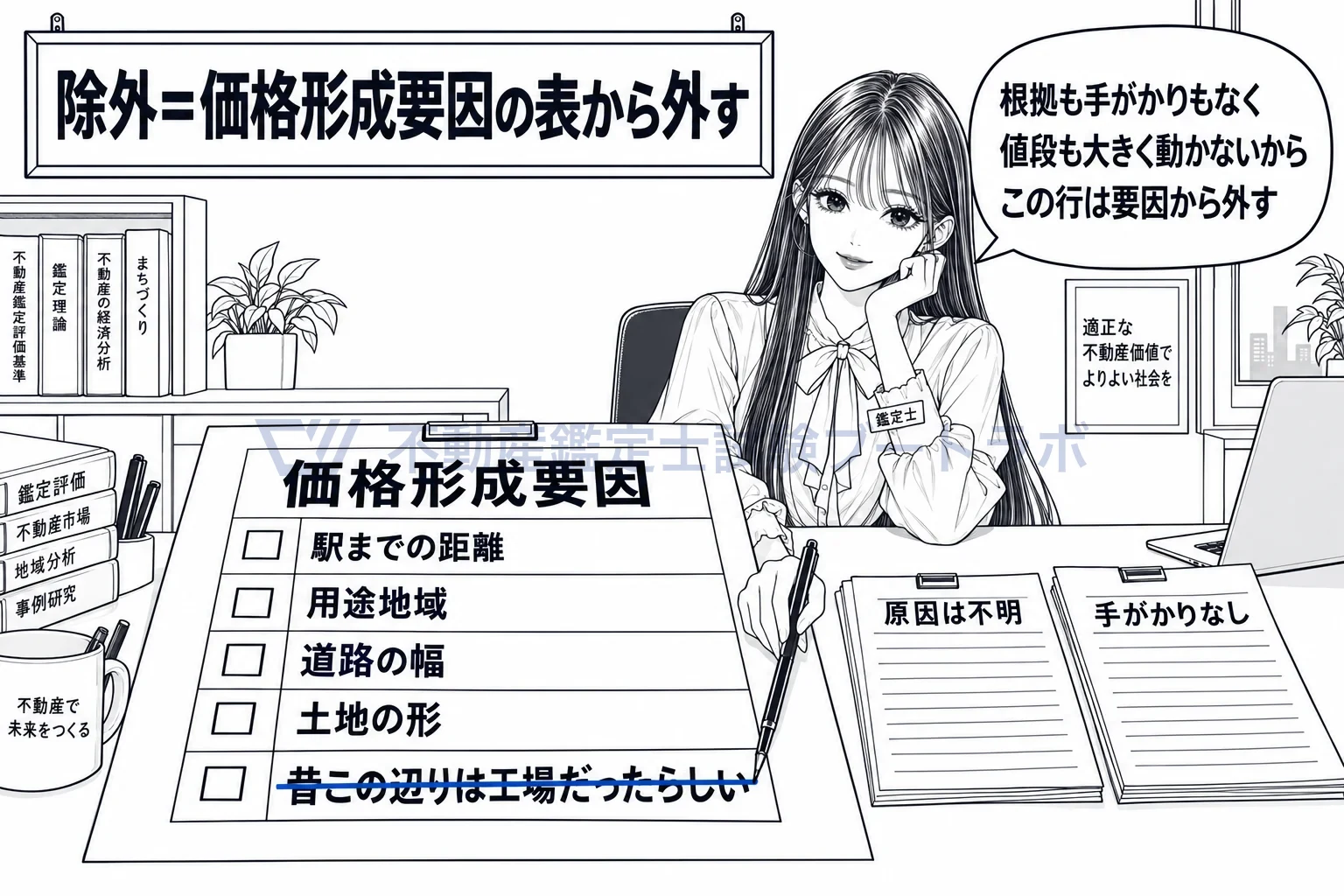 価格形成要因からの除外の図解：根拠も手がかりもなく、値段も大きく動かさない話は、要因の表から外す。