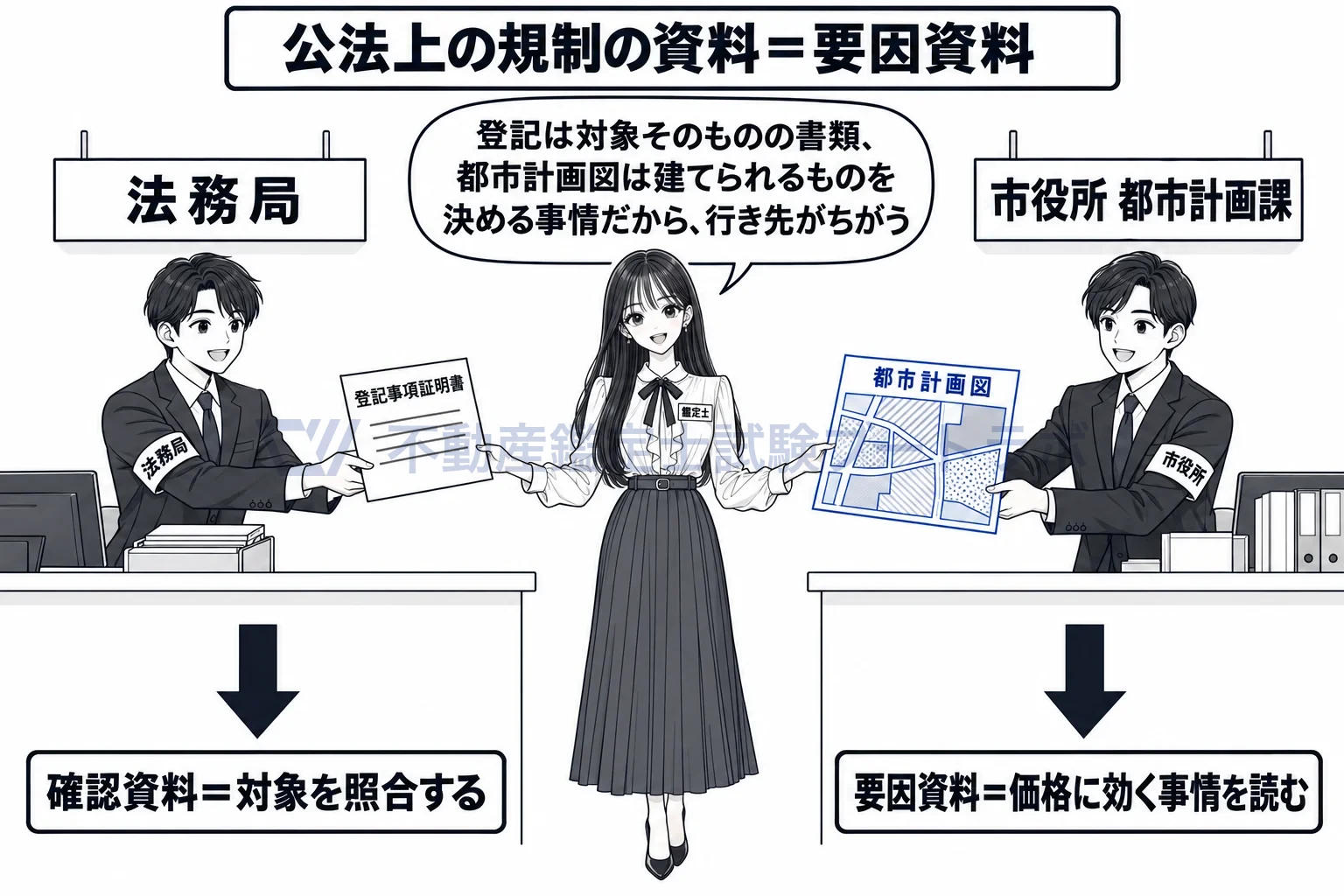 要因資料の図解：登記事項証明書は確認資料へ、都市計画図は要因資料へ。