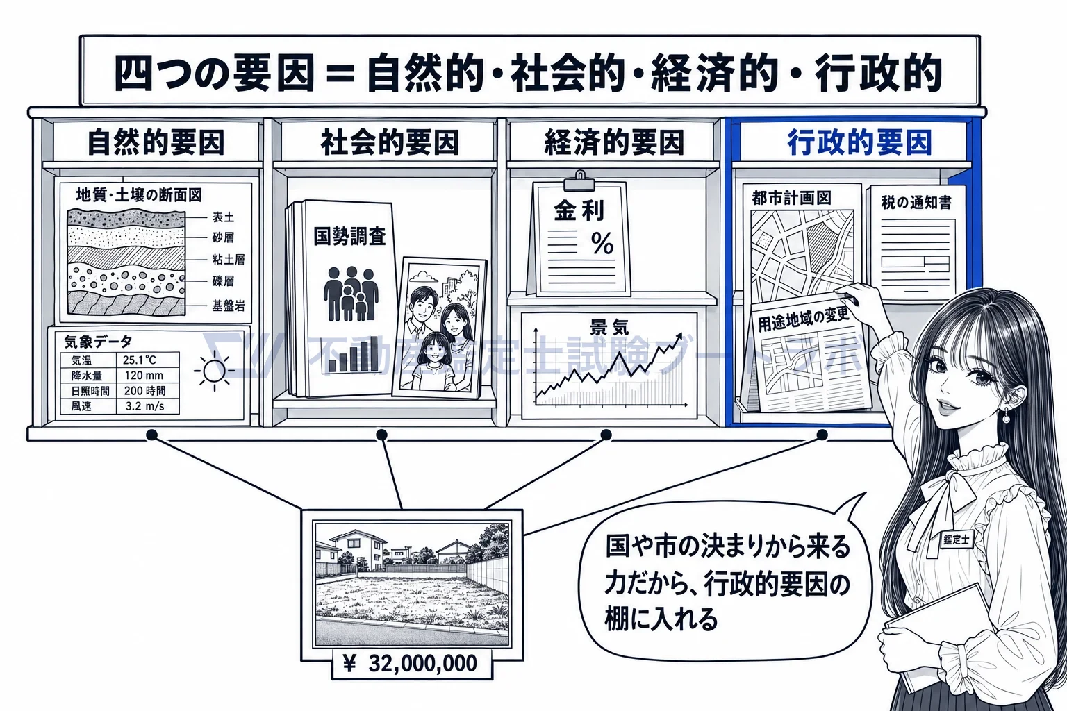 四つの要因の図解：地盤の図も国勢調査も金利の紙も都市計画図も、出どころで四つの棚に仕分ける。