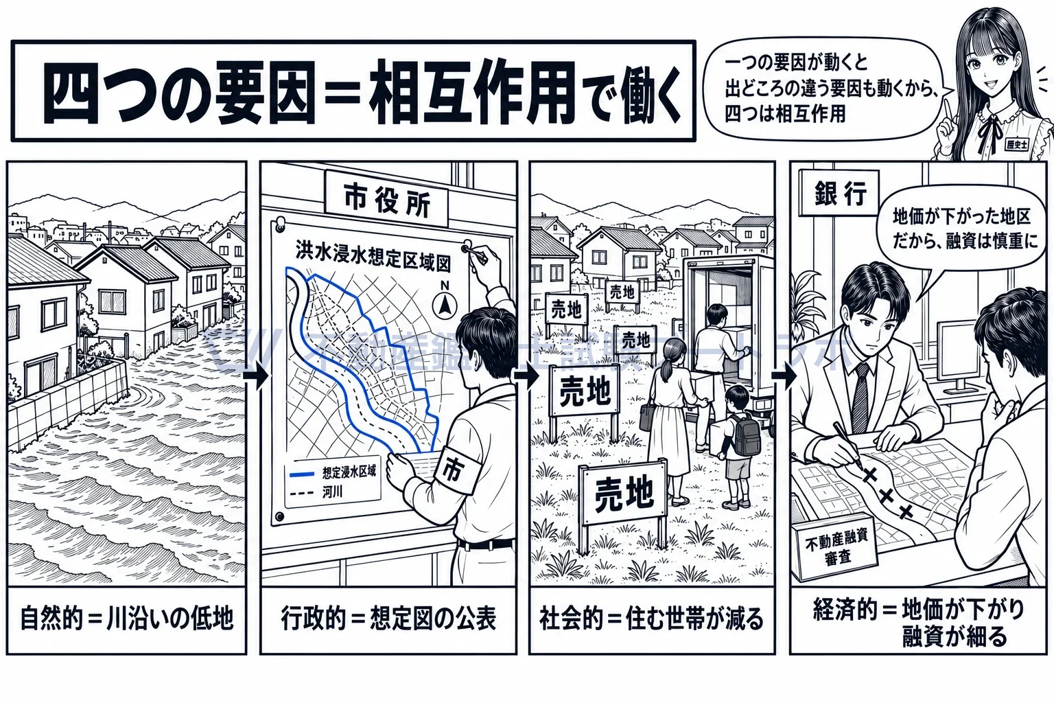 四つの要因の図解：浸水の想定図が公表されると、住む人が減り、地価が下がり、融資も慎重になる。