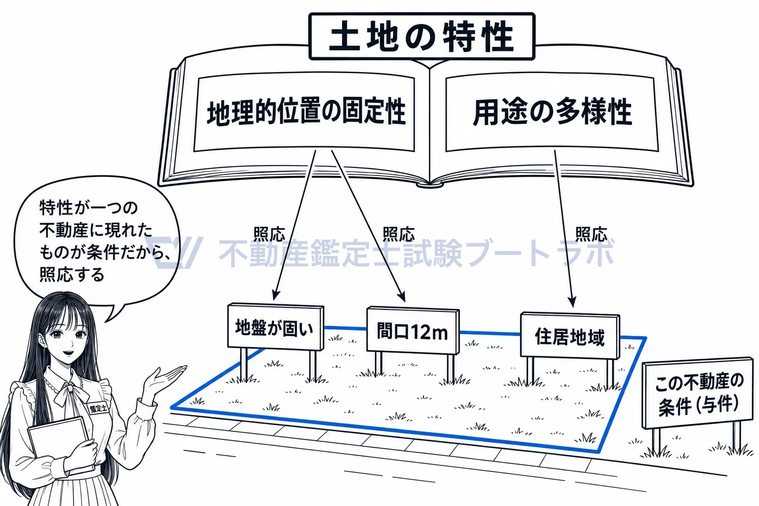 与件の図解：土地の特性が、一つの不動産では具体的な条件になって現れる。