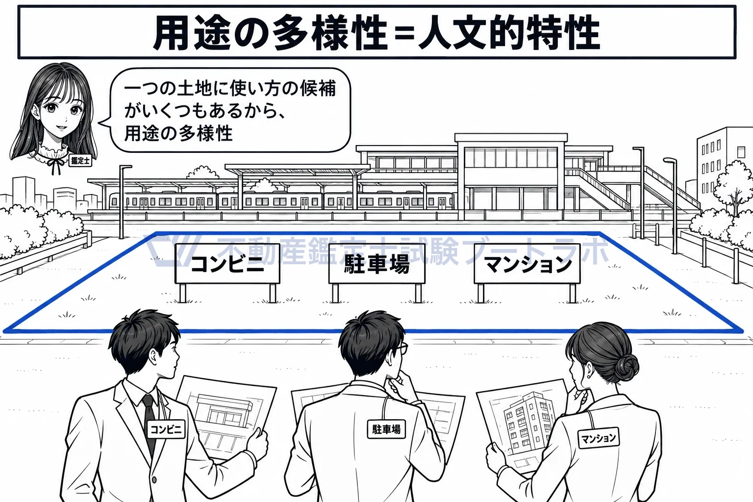 用途の多様性の図解：一つの空き地に、店・駐車場・マンションと使い方の候補がいくつもある。