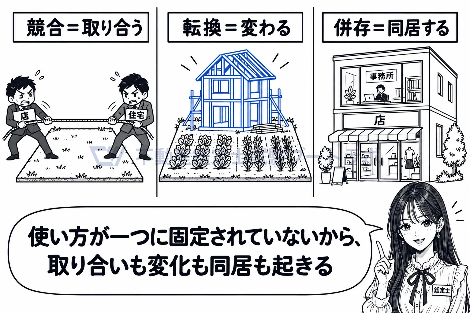 用途の多様性の図解：競合は取り合い、転換は変化、併存は同居。
