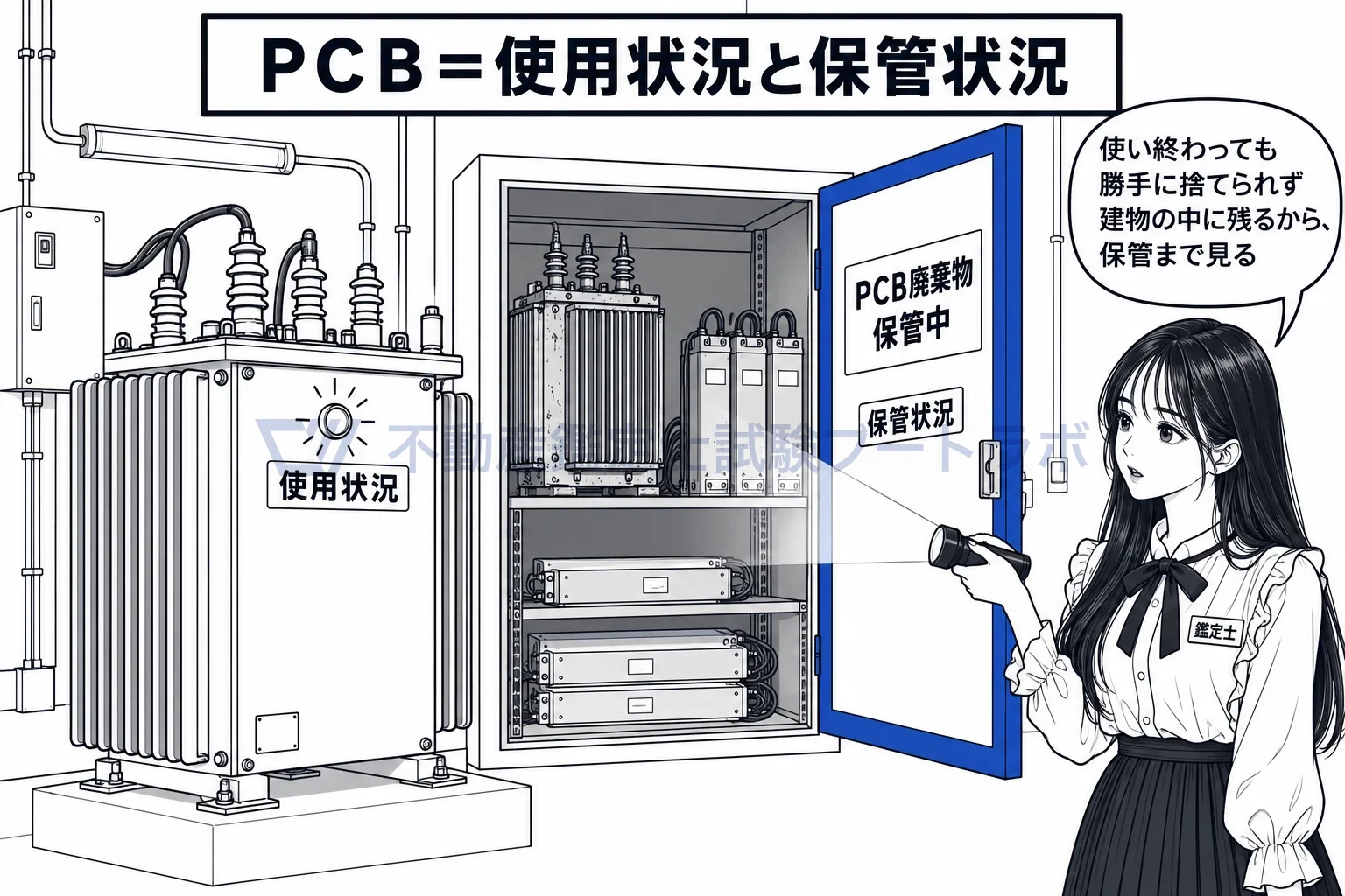 有害な物質の図解：今使っている変圧器だけでなく、電気室の奥に保管された古い機器も見る。