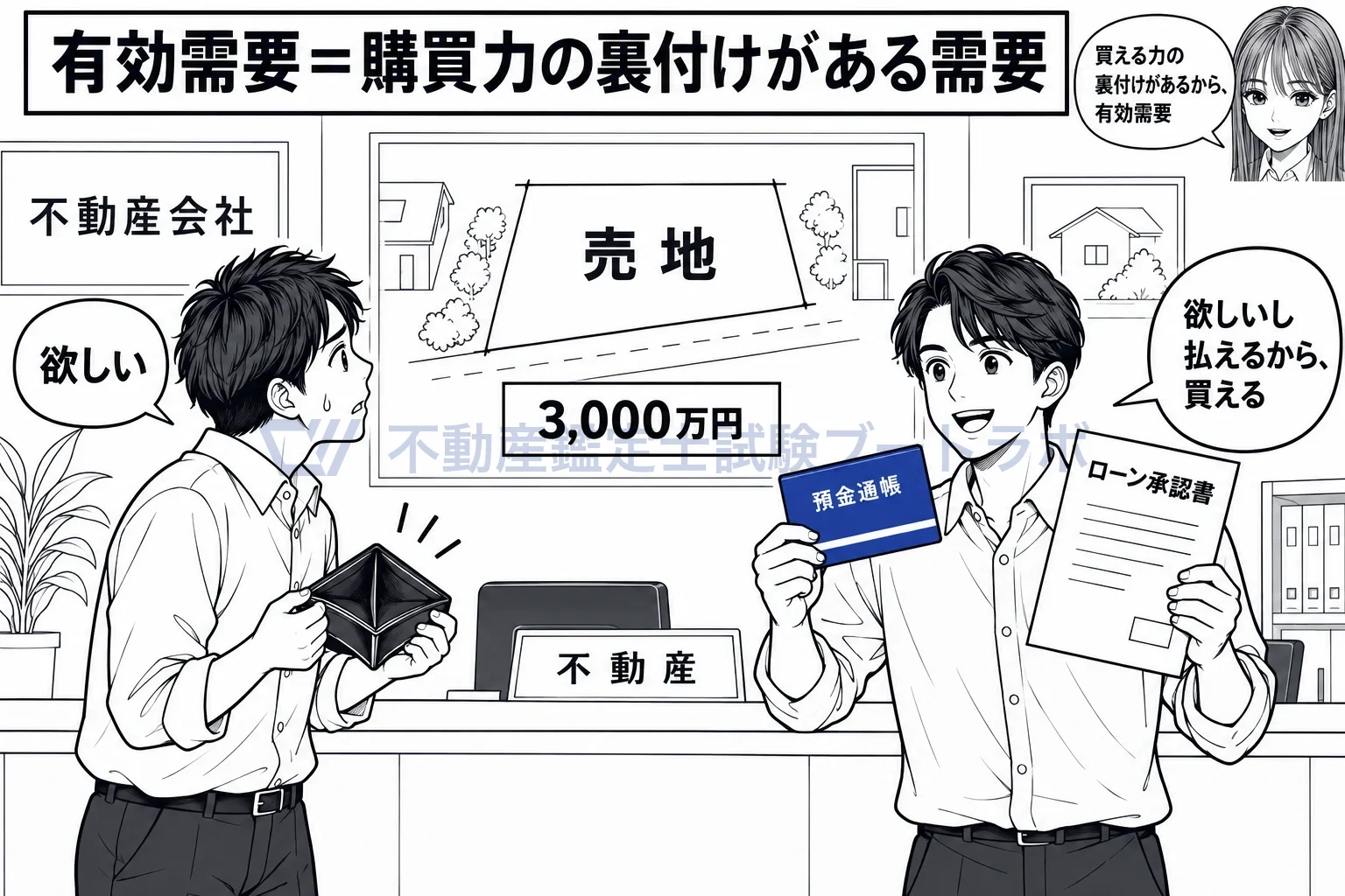 有効需要の図解:欲しいだけでは需要にならず、買える力が伴って有効需要になる。