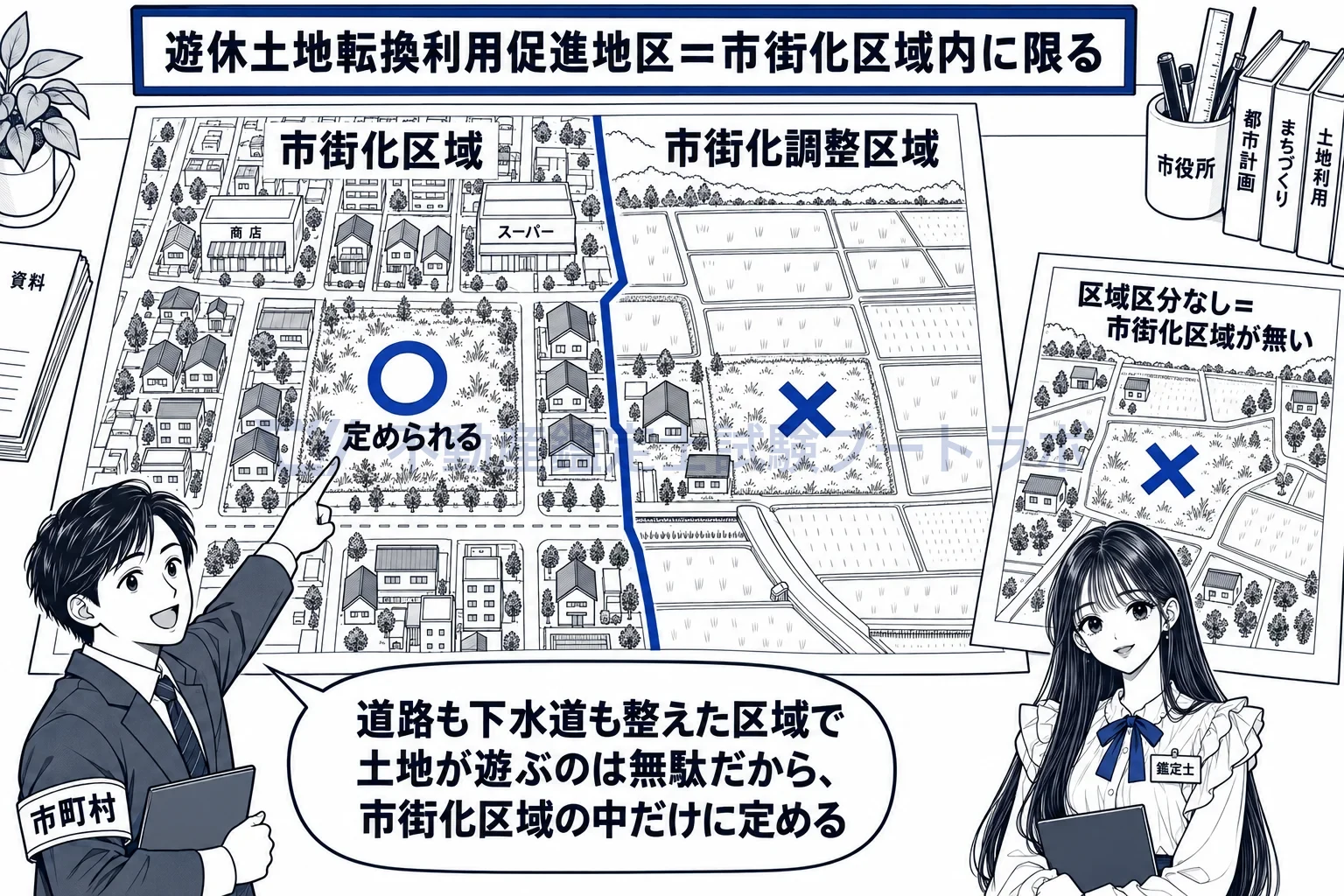遊休土地転換利用促進地区の図解:市街化区域の空き地だけが対象で、調整区域と非線引きの町は対象外。