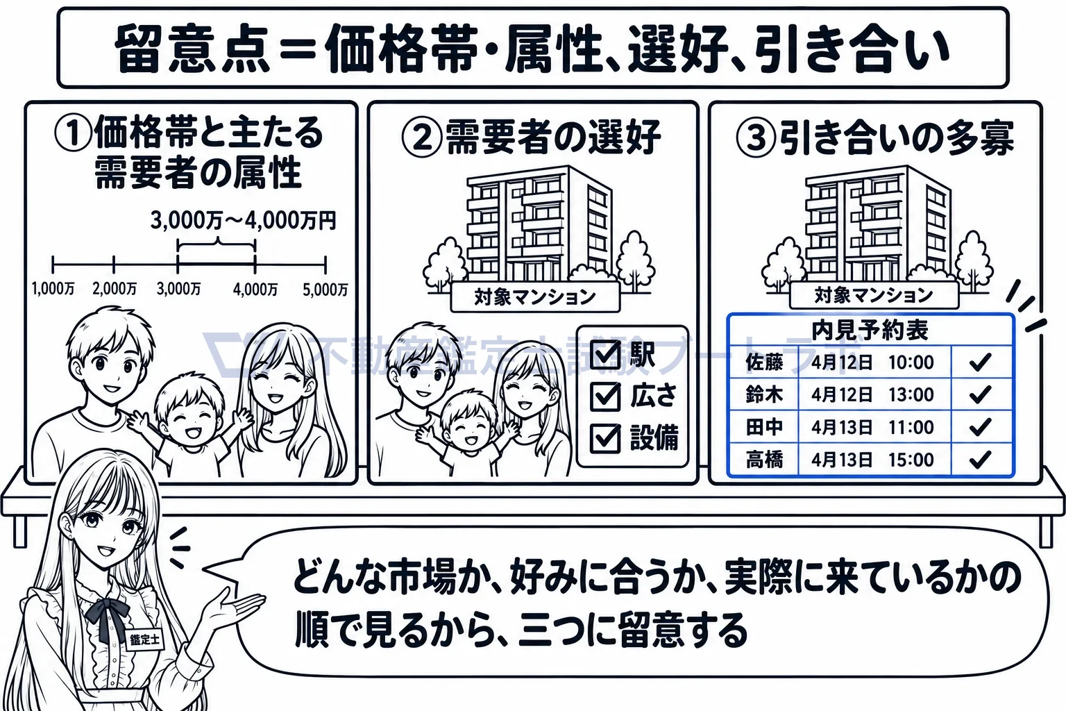 優劣及び競争力の程度の図解:どんな市場か、好みに合うか、実際に来ているか、の三つ。