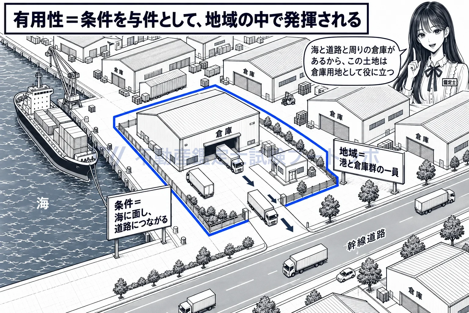 有用性の図解：海と道路と周りの倉庫群があって初めて、その土地は倉庫用地として役に立つ。