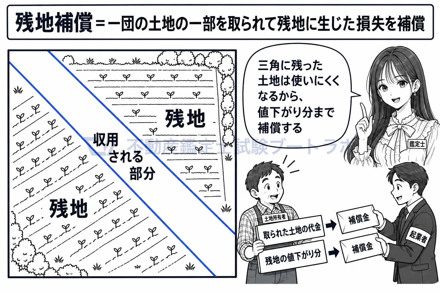 残地補償の図解:三角に残った土地は使いにくくなるから、値下がり分まで補償する。