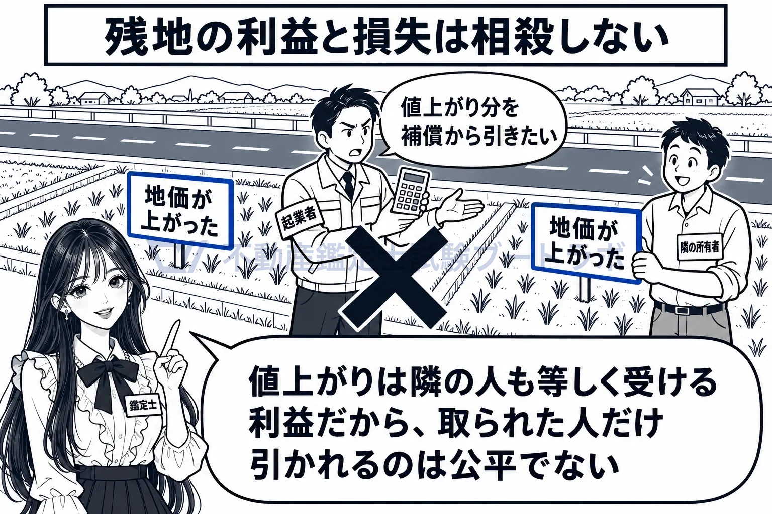 残地補償の図解:値上がりは隣の人も等しく受けるから、取られた人の補償から引かない。